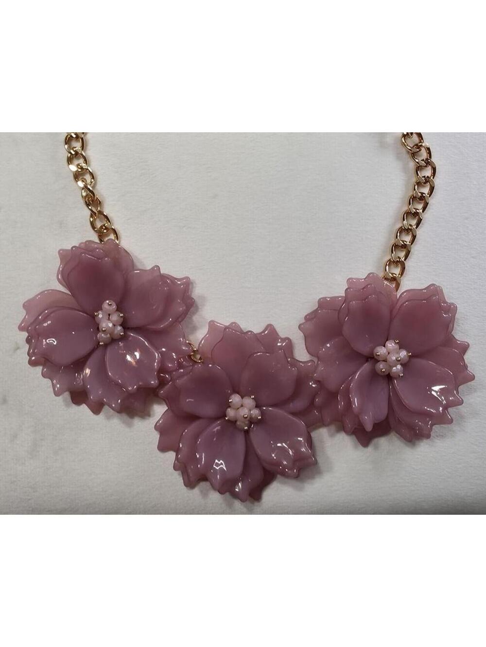 Pink Purple Floral Statement Necklace with Gold Chain